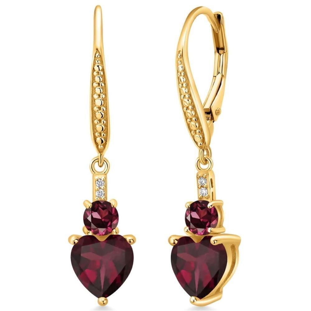 18K Yellow Gold with 3.77 Cttw Rhodolite Garnet and Diamond Heart Drop Earrings